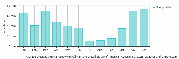 Average monthly rainfall, snow, precipitation in Pullman, the United States of America