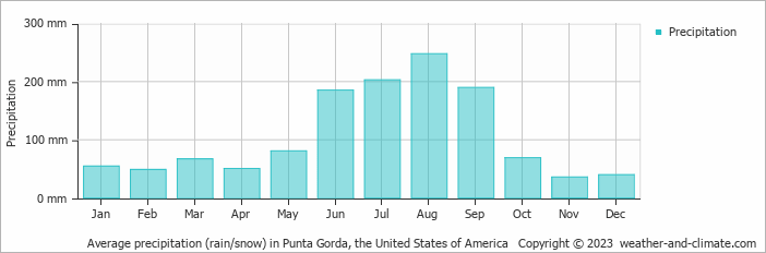 Average monthly rainfall, snow, precipitation in Punta Gorda, the United States of America