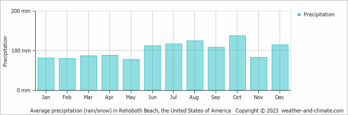 Average monthly rainfall, snow, precipitation in Rehoboth Beach, the United States of America