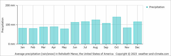 Average monthly rainfall, snow, precipitation in Rehoboth Manor, the United States of America