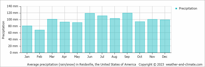 Average monthly rainfall, snow, precipitation in Reidsville, the United States of America