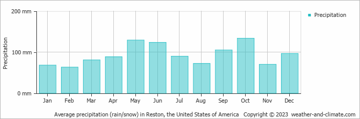 Average monthly rainfall, snow, precipitation in Reston, the United States of America
