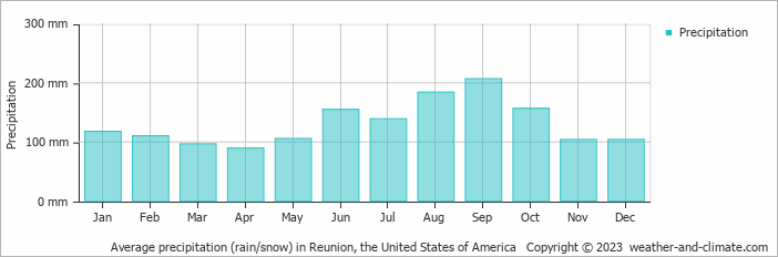 Average monthly rainfall, snow, precipitation in Reunion, the United States of America