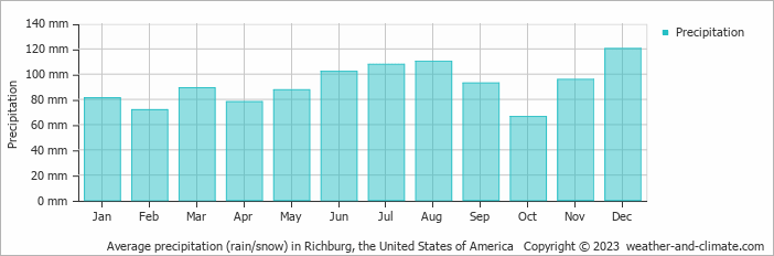 Average monthly rainfall, snow, precipitation in Richburg, the United States of America