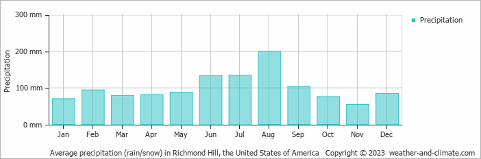 Average monthly rainfall, snow, precipitation in Richmond Hill, the United States of America