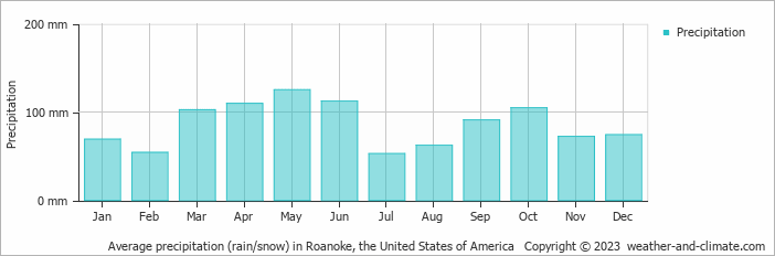 Average monthly rainfall, snow, precipitation in Roanoke, the United States of America