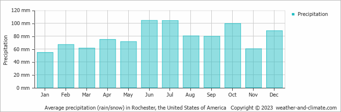 Average monthly rainfall, snow, precipitation in Rochester, the United States of America
