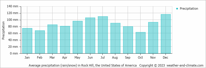 Average monthly rainfall, snow, precipitation in Rock Hill, the United States of America