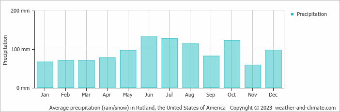Average monthly rainfall, snow, precipitation in Rutland, the United States of America
