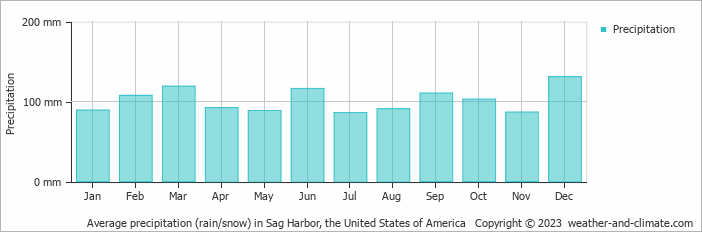 Average monthly rainfall, snow, precipitation in Sag Harbor, the United States of America