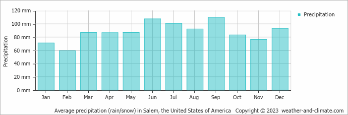 Average monthly rainfall, snow, precipitation in Salem, the United States of America