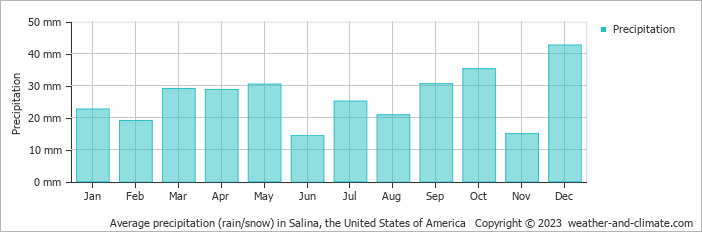 Average monthly rainfall, snow, precipitation in Salina, the United States of America