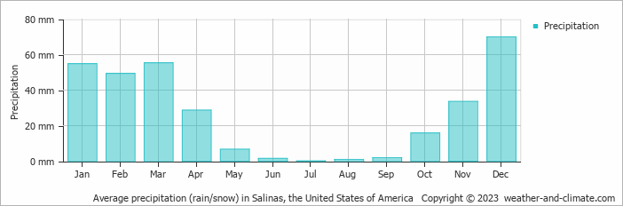 Average monthly rainfall, snow, precipitation in Salinas, the United States of America