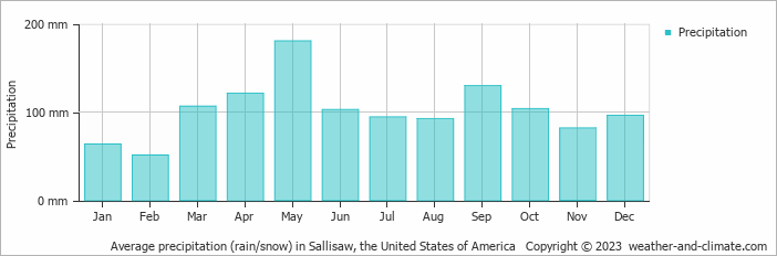 Average monthly rainfall, snow, precipitation in Sallisaw, the United States of America