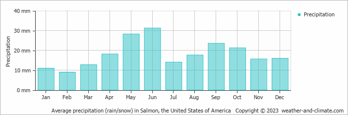 Average monthly rainfall, snow, precipitation in Salmon, the United States of America