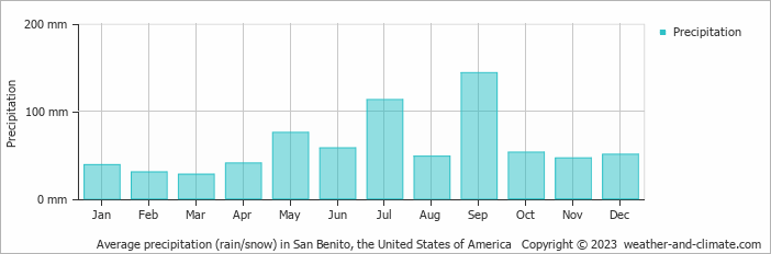 Average monthly rainfall, snow, precipitation in San Benito, the United States of America