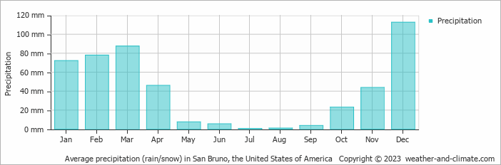 Average monthly rainfall, snow, precipitation in San Bruno (CA), 