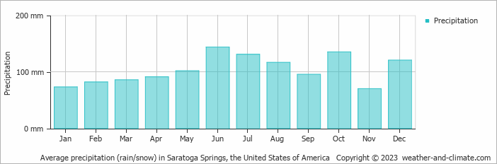 Average monthly rainfall, snow, precipitation in Saratoga Springs, the United States of America