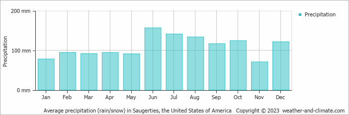 Average monthly rainfall, snow, precipitation in Saugerties, the United States of America