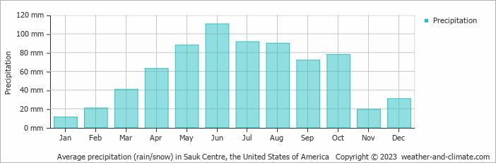 Average monthly rainfall, snow, precipitation in Sauk Centre, the United States of America