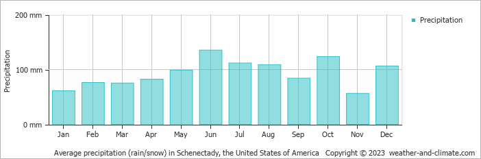 Average monthly rainfall, snow, precipitation in Schenectady, the United States of America