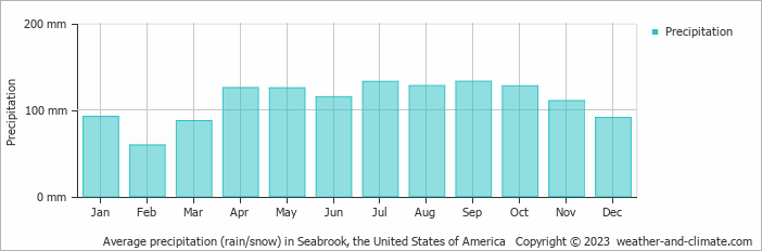 Average monthly rainfall, snow, precipitation in Seabrook, the United States of America