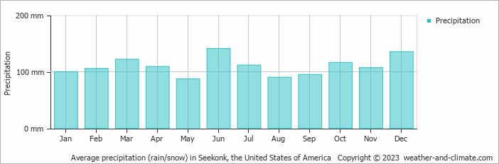 Average monthly rainfall, snow, precipitation in Seekonk, the United States of America