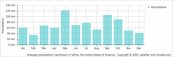 Average monthly rainfall, snow, precipitation in Selma (TX), 
