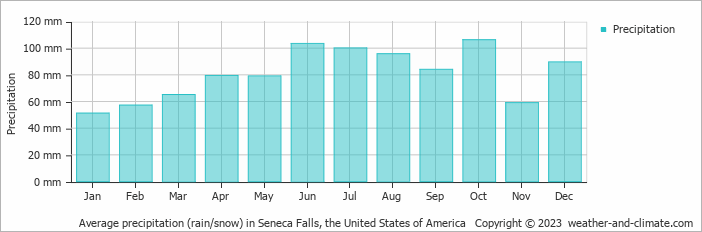 Average monthly rainfall, snow, precipitation in Seneca Falls, the United States of America