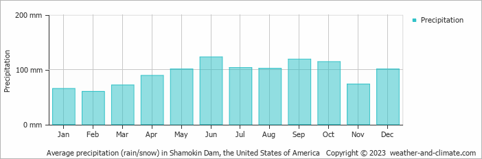 Average monthly rainfall, snow, precipitation in Shamokin Dam, the United States of America
