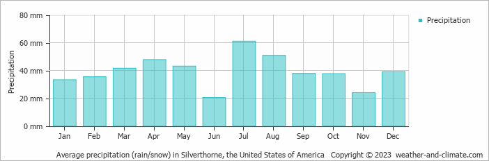 Average monthly rainfall, snow, precipitation in Silverthorne, the United States of America