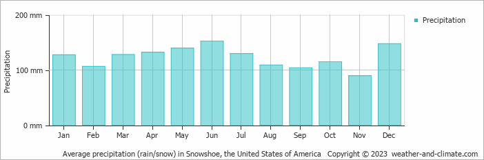 Average monthly rainfall, snow, precipitation in Snowshoe, the United States of America