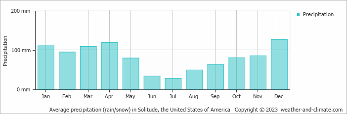 Average monthly rainfall, snow, precipitation in Solitude, the United States of America