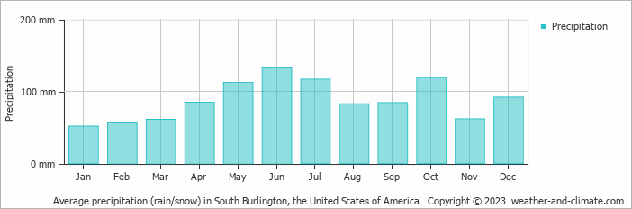Average monthly rainfall, snow, precipitation in South Burlington, the United States of America