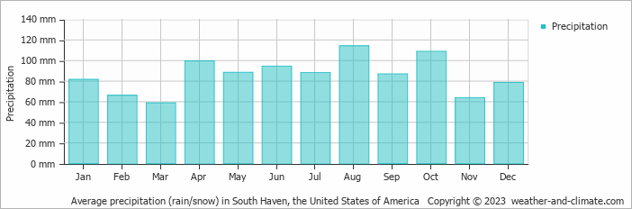 Average monthly rainfall, snow, precipitation in South Haven, the United States of America