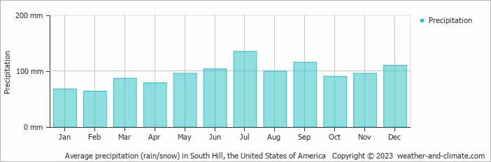 Average monthly rainfall, snow, precipitation in South Hill, the United States of America