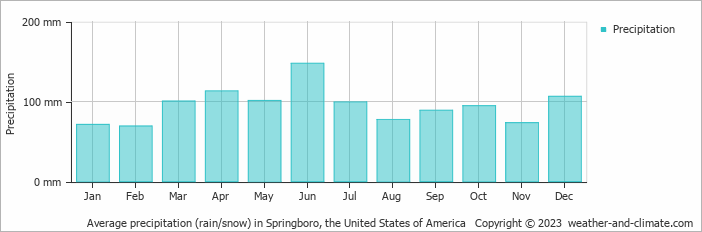 Average monthly rainfall, snow, precipitation in Springboro, the United States of America