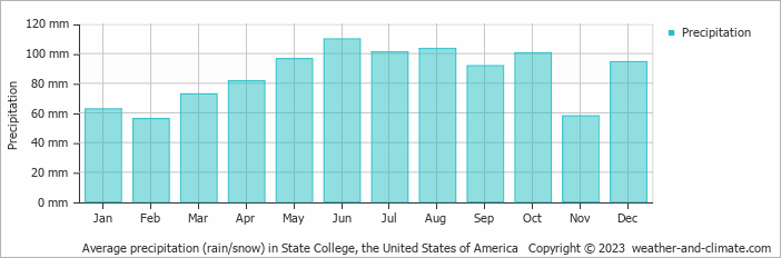 Average monthly rainfall, snow, precipitation in State College, the United States of America