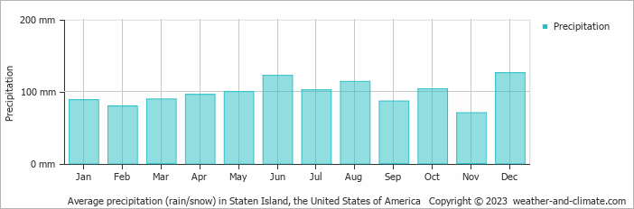 Average monthly rainfall, snow, precipitation in Staten Island, the United States of America