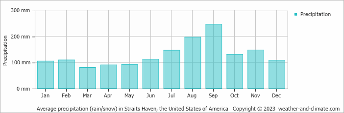 Average monthly rainfall, snow, precipitation in Straits Haven, the United States of America