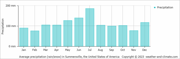 Average monthly rainfall, snow, precipitation in Summersville, the United States of America