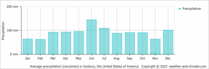Average monthly rainfall, snow, precipitation in Sunbury, the United States of America