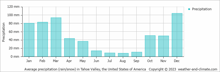 Average monthly rainfall, snow, precipitation in Tahoe Valley, the United States of America