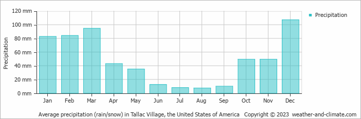 Average monthly rainfall, snow, precipitation in Tallac Village, the United States of America