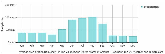 Average monthly rainfall, snow, precipitation in The Villages, the United States of America