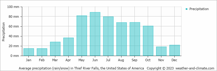 Average monthly rainfall, snow, precipitation in Thief River Falls, the United States of America