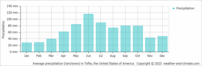 Average monthly rainfall, snow, precipitation in Tofte, the United States of America