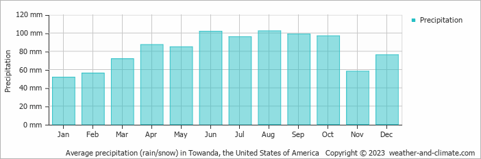 Average monthly rainfall, snow, precipitation in Towanda, the United States of America