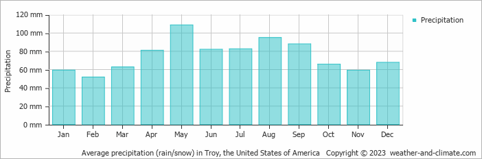 Average monthly rainfall, snow, precipitation in Troy, the United States of America