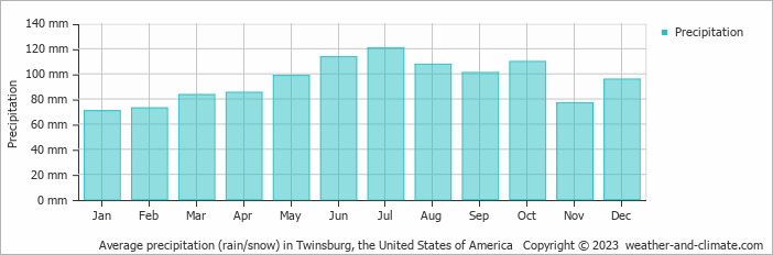 Average monthly rainfall, snow, precipitation in Twinsburg, the United States of America